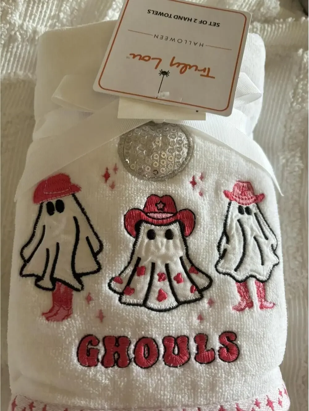 Truly Lou Pink Disco Ghost Hand Towels New